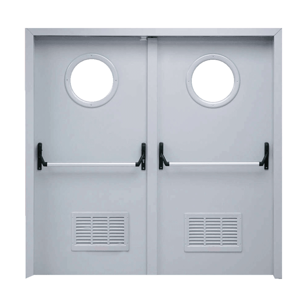 Çift kanat camlı menfezli yangın kapısı panik barlı çelik model