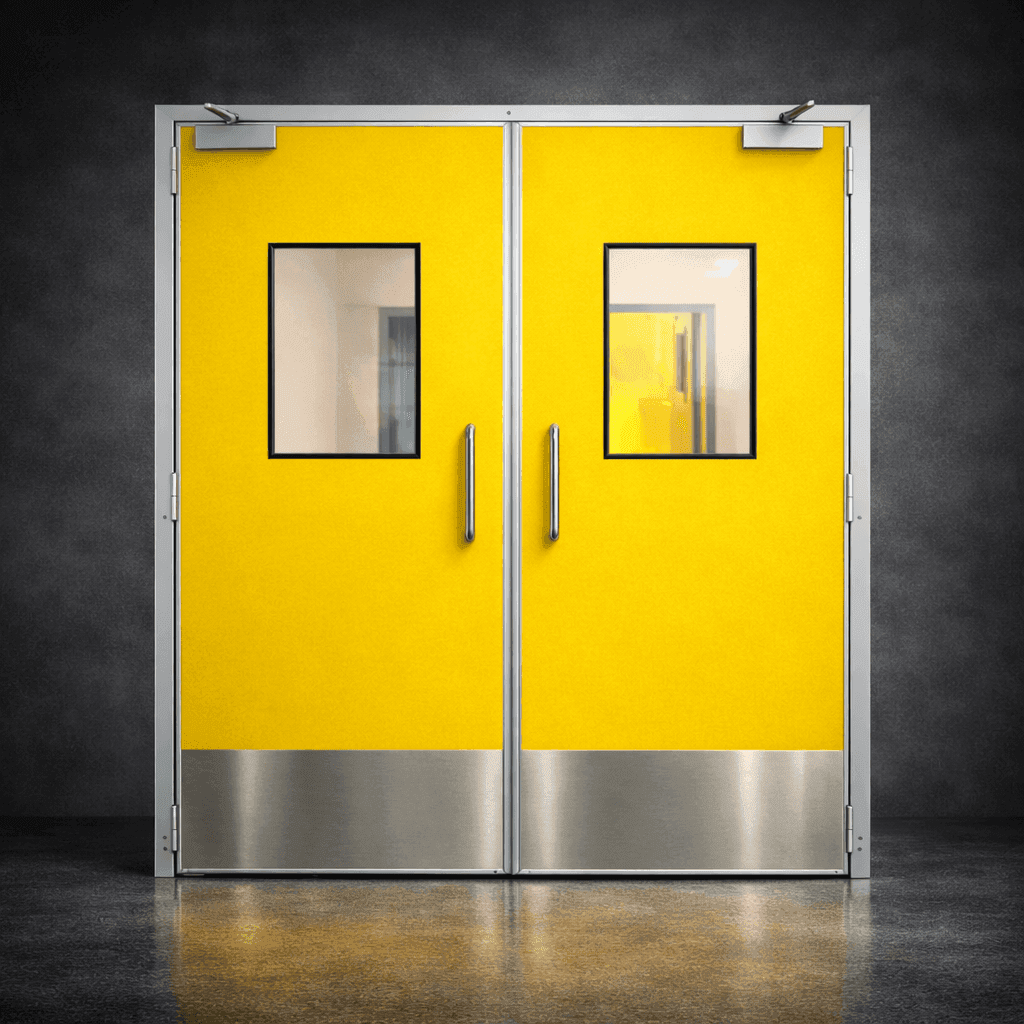 Moody Group çift kanat camlı flip-flap kapı, endüstriyel soğuk hava deposu ve hijyenik üretim alanları için darbe dayanımlı geçiş kapısı